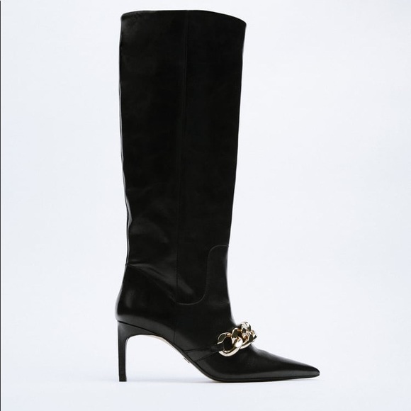 Zara Shoes - Long heeled leather boots with metal chain detail. Pointed toe. Heel 3.1 inches
